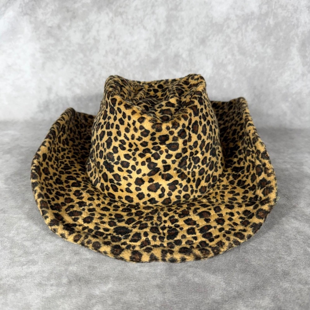 Vtg 90s Y2K Cappelli Faux Fur Leopard Print Cowboy Hat Western Grunge Festival